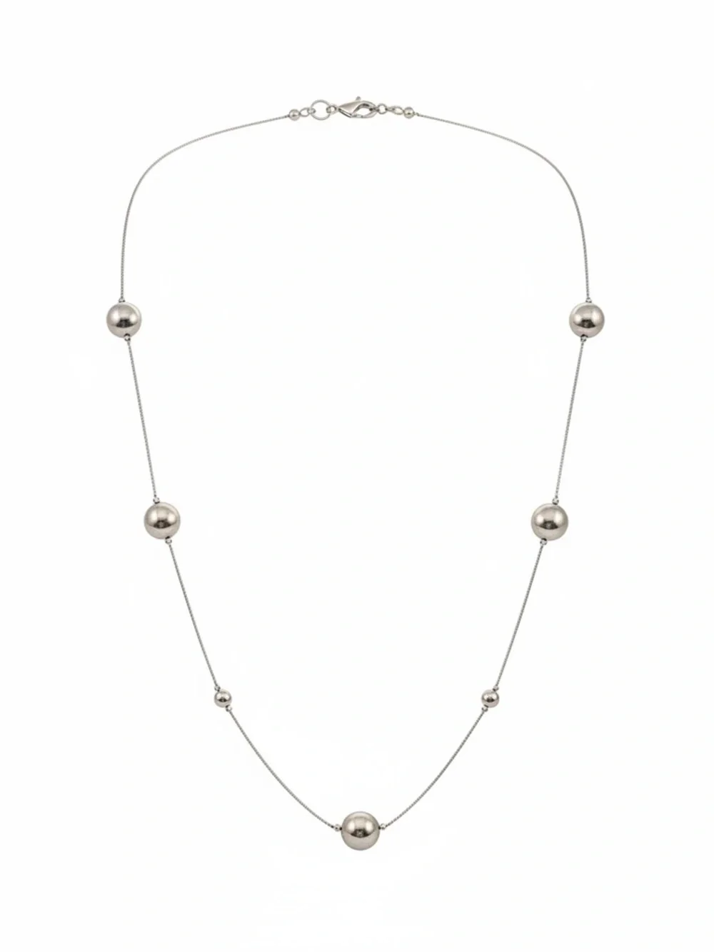 Polished Silver Bead Station Necklace - Women's Fashion Jewelry 17” Length - Picture 3 of 4